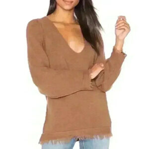 Free People Irresistible Oversized V-Neck Wool Blend Sweater Brown Size XS